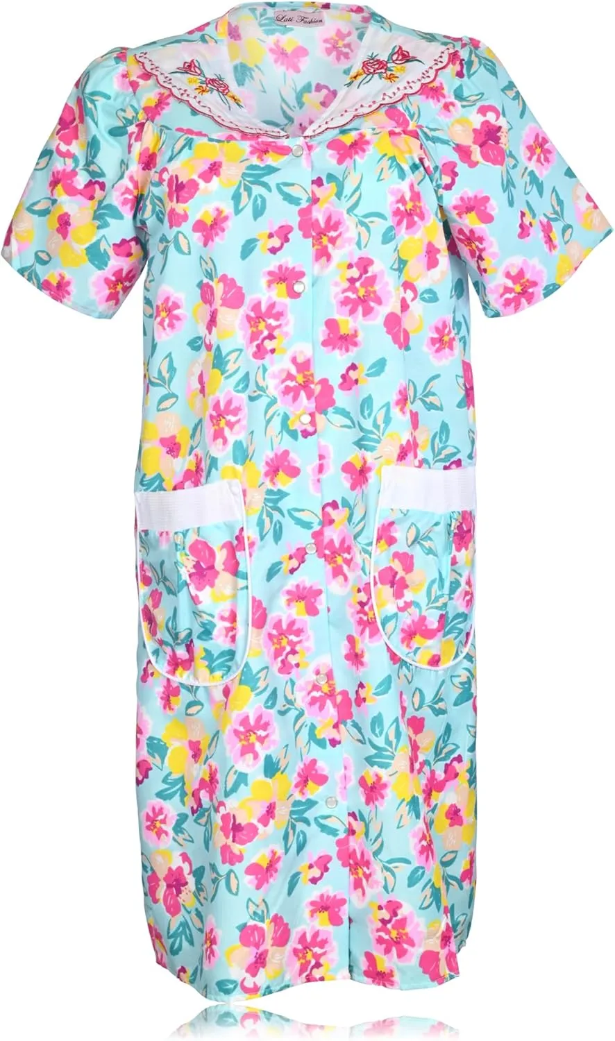 JEFFRICO Womens Snap Front Housecoat Lounger Duster House Dress Short Sleeve Robe