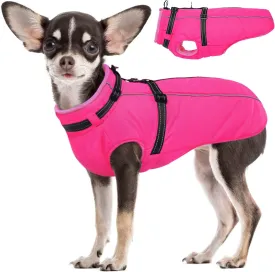 Lelepet Waterproof Dog Jacket with Back Zipper & Harness - Warm Reflective Winter Coat for Small Medium Large Dogs - Thick Fleece Lined Puppy Vest for Outdoor Walking Running, Hiking, Rose Red, XS