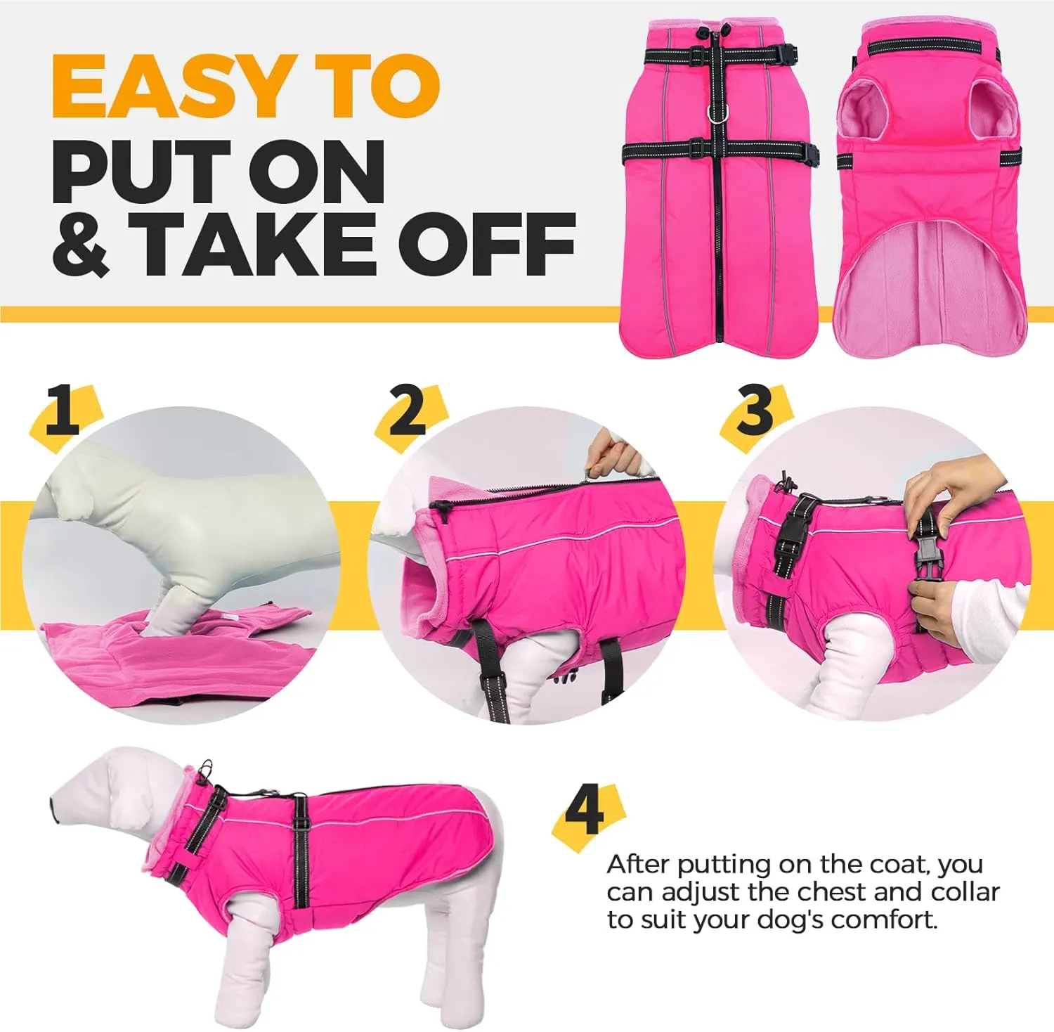 Lelepet Waterproof Dog Jacket with Back Zipper & Harness - Warm Reflective Winter Coat for Small Medium Large Dogs - Thick Fleece Lined Puppy Vest for Outdoor Walking Running, Hiking, Rose Red, XS
