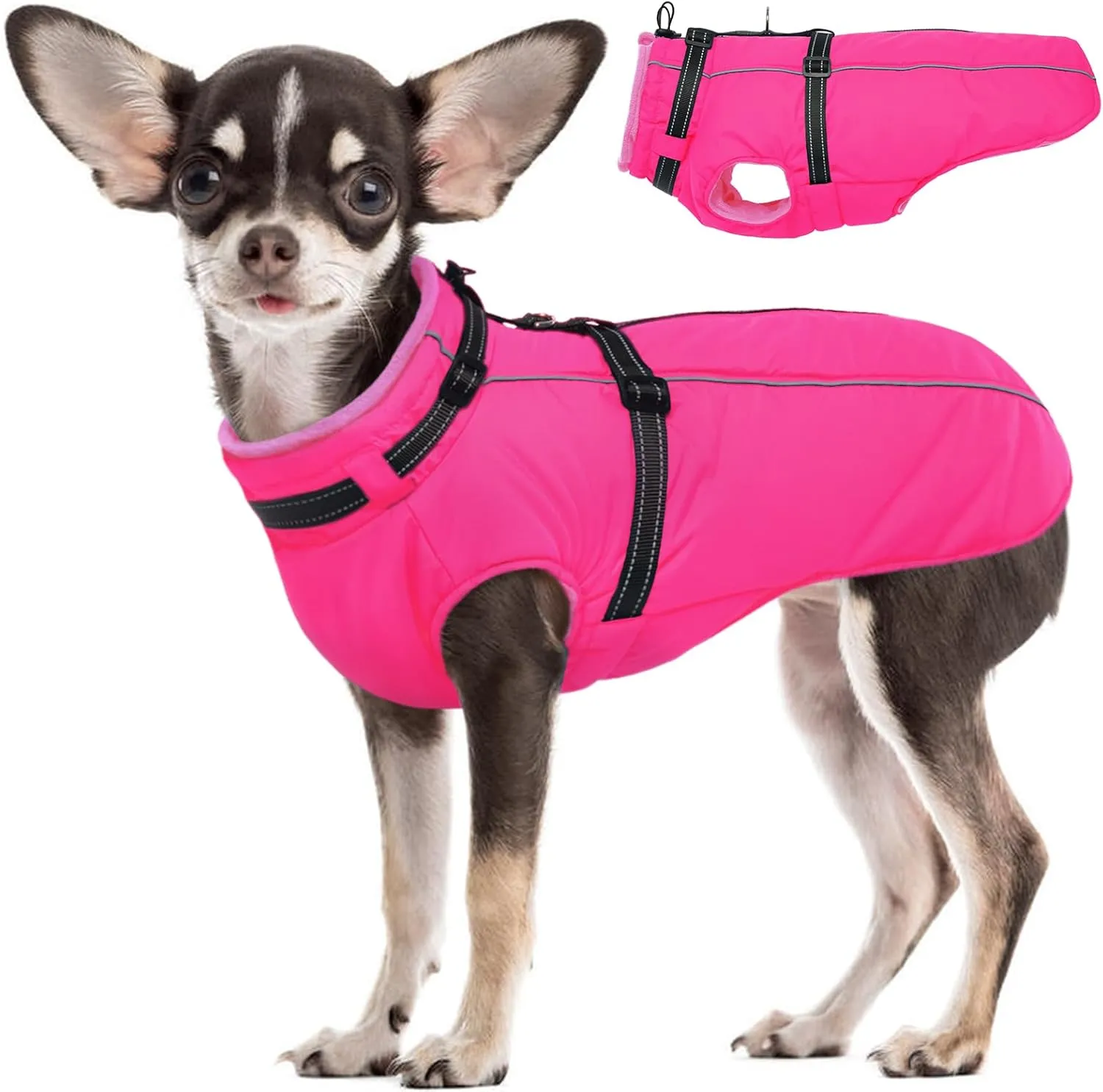 Lelepet Waterproof Dog Jacket with Back Zipper & Harness - Warm Reflective Winter Coat for Small Medium Large Dogs - Thick Fleece Lined Puppy Vest for Outdoor Walking Running, Hiking, Rose Red, XS