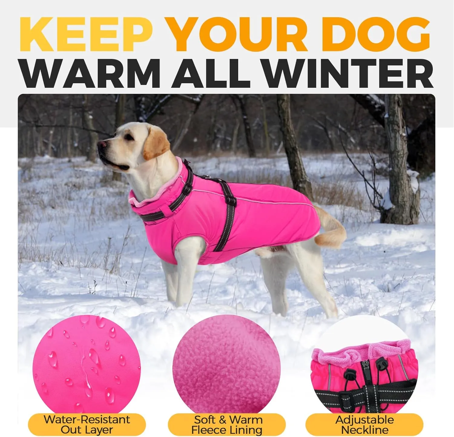 Lelepet Waterproof Dog Jacket with Back Zipper & Harness - Warm Reflective Winter Coat for Small Medium Large Dogs - Thick Fleece Lined Puppy Vest for Outdoor Walking Running, Hiking, Rose Red, XS
