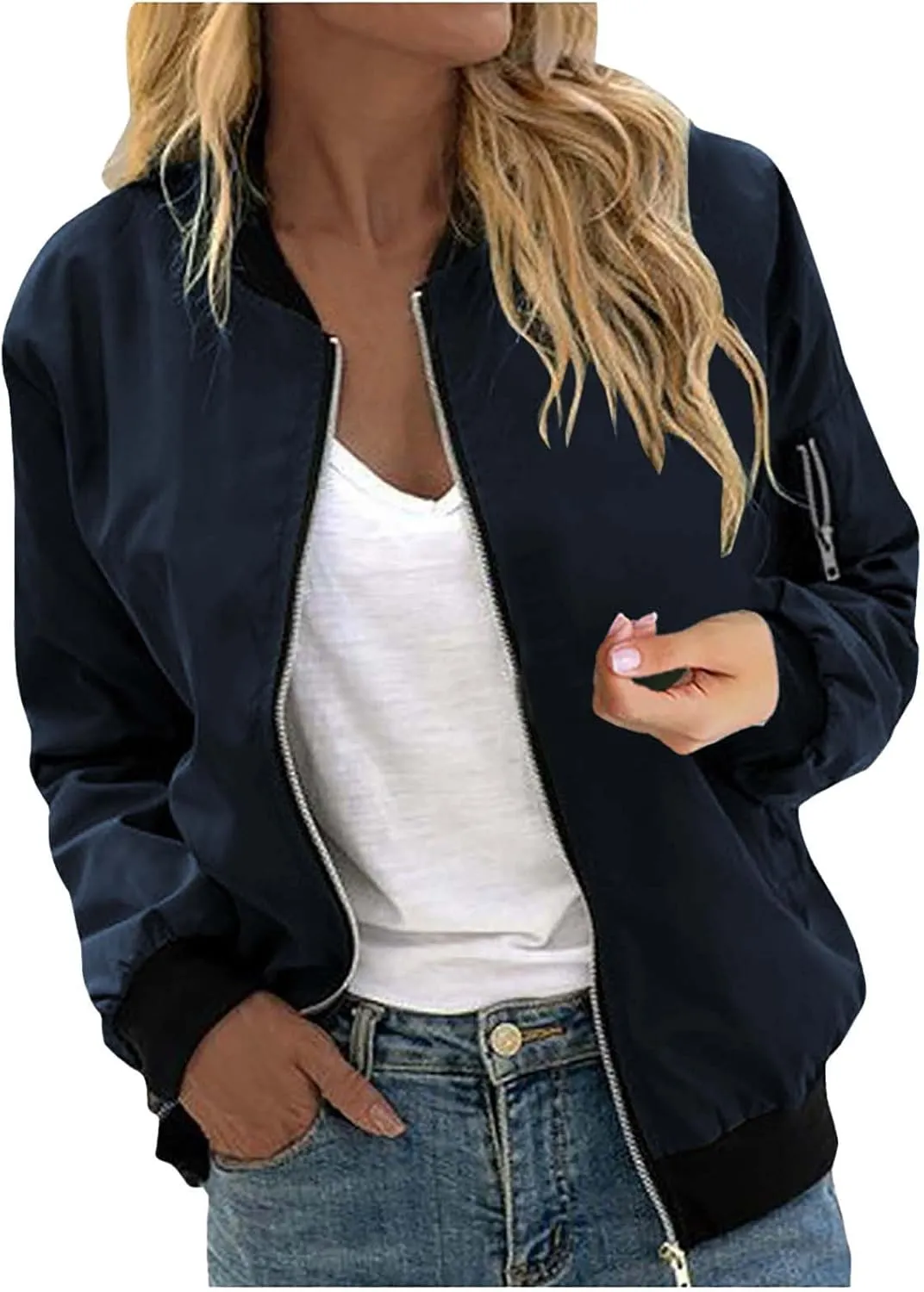 Lightweight Bomber Jackets for Women Trendy Casual Zip Up Coat Spring Fall Outdoor Track Jacket Outerwear Tops