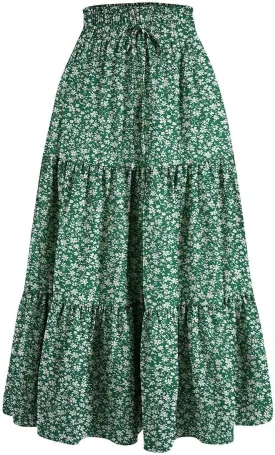 Maxi Skirts for Women Boho Floral Print Tiered Flowy Skirt Vacation Elastic Drawstring Waist A Line Pleated Skirt