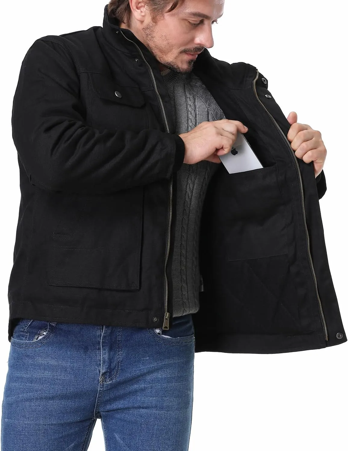 Men's Quilted Flannel Lined Work Coat Long-Lasting Loose Casual Jacket Waterproof Workwear