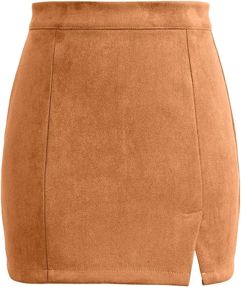 Mulisky Skirts for Women, Faux Suede High Waist Side Split Zipper Mini Skirts