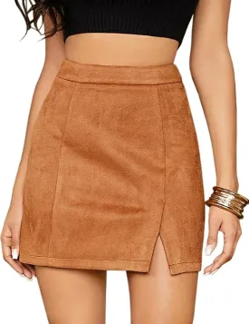 Mulisky Skirts for Women, Faux Suede High Waist Side Split Zipper Mini Skirts