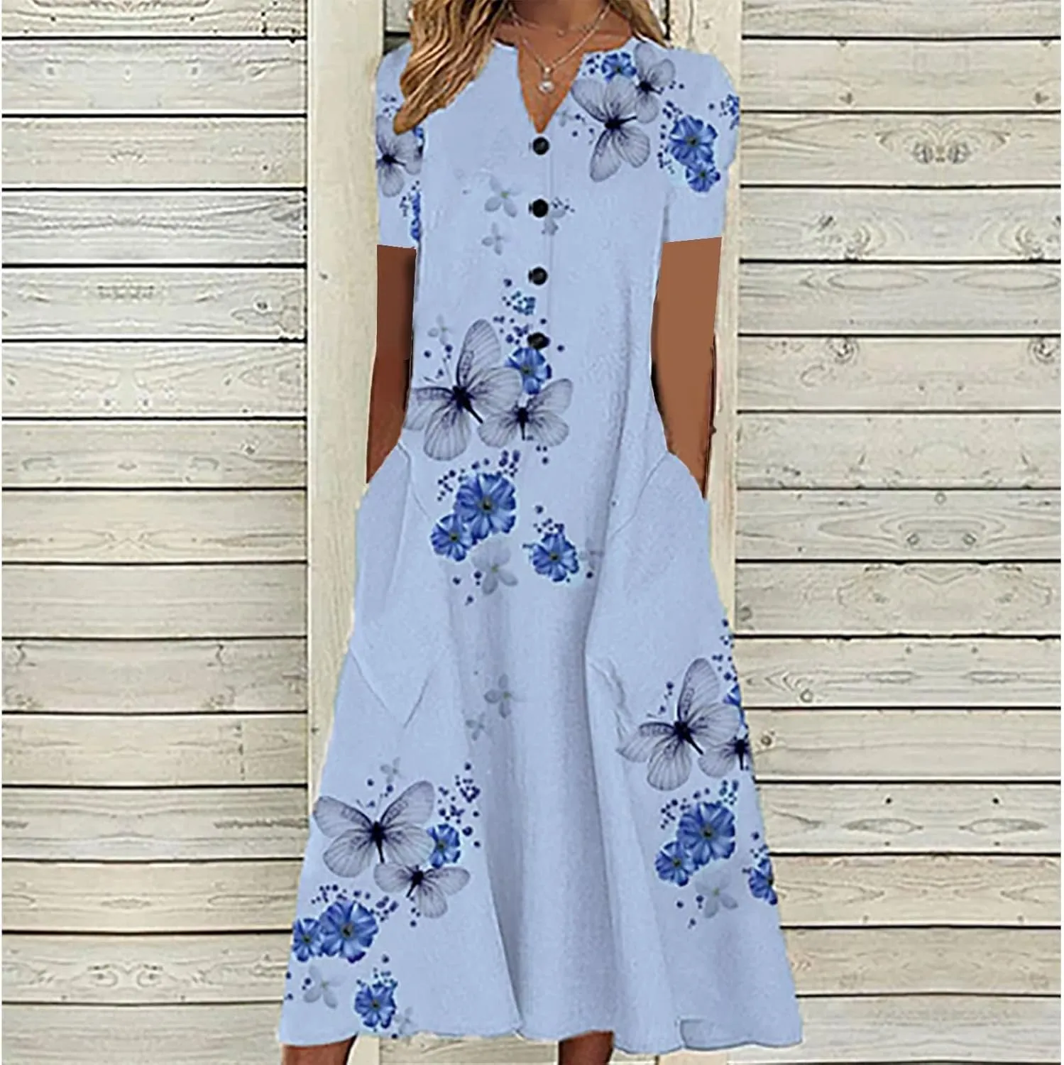 NaRHbrg Women's Floral Print Summer Dress Short Sleeve Button Front A-Line Casual Midi Dresses with Pockets Sundress