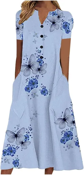 NaRHbrg Women's Floral Print Summer Dress Short Sleeve Button Front A-Line Casual Midi Dresses with Pockets Sundress