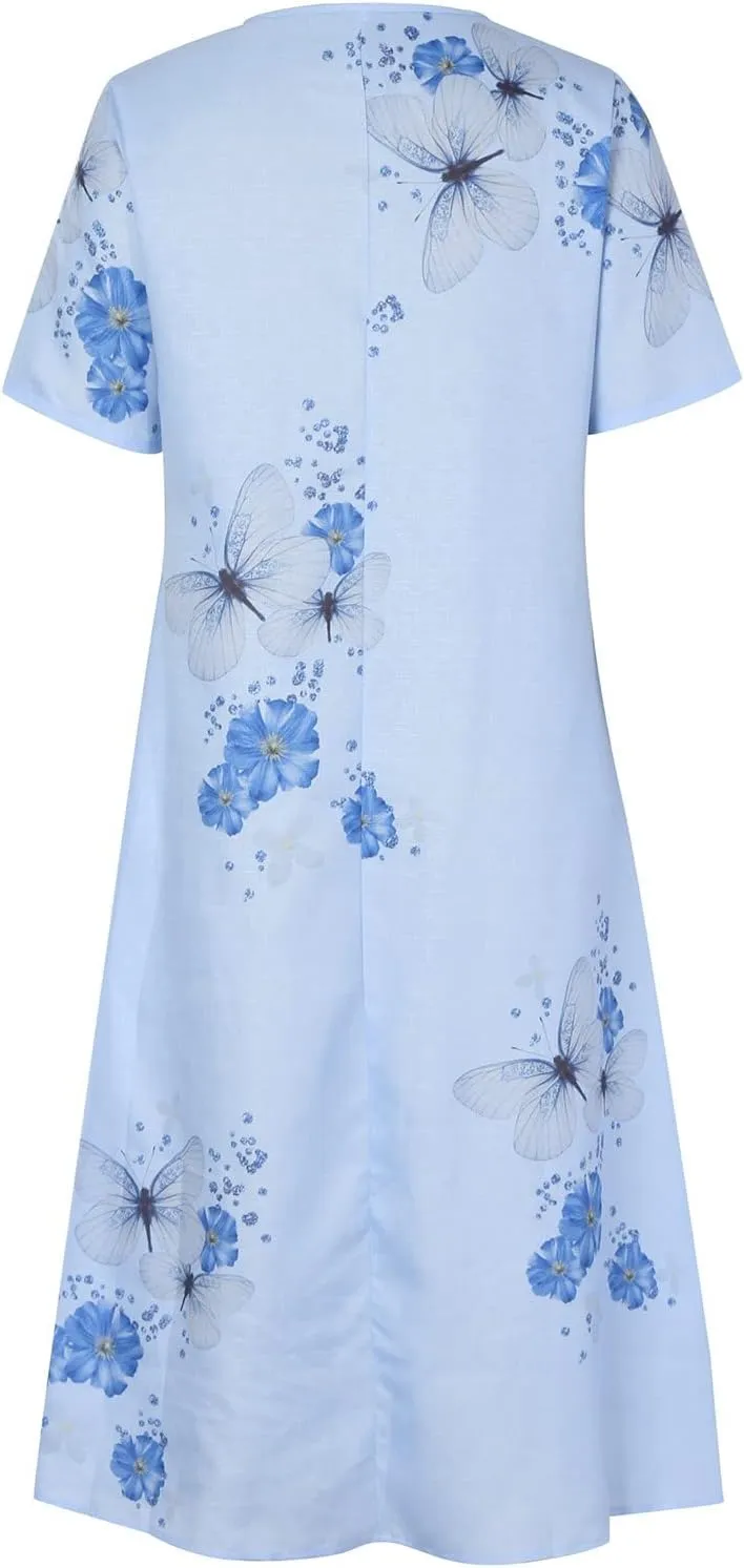 NaRHbrg Women's Floral Print Summer Dress Short Sleeve Button Front A-Line Casual Midi Dresses with Pockets Sundress