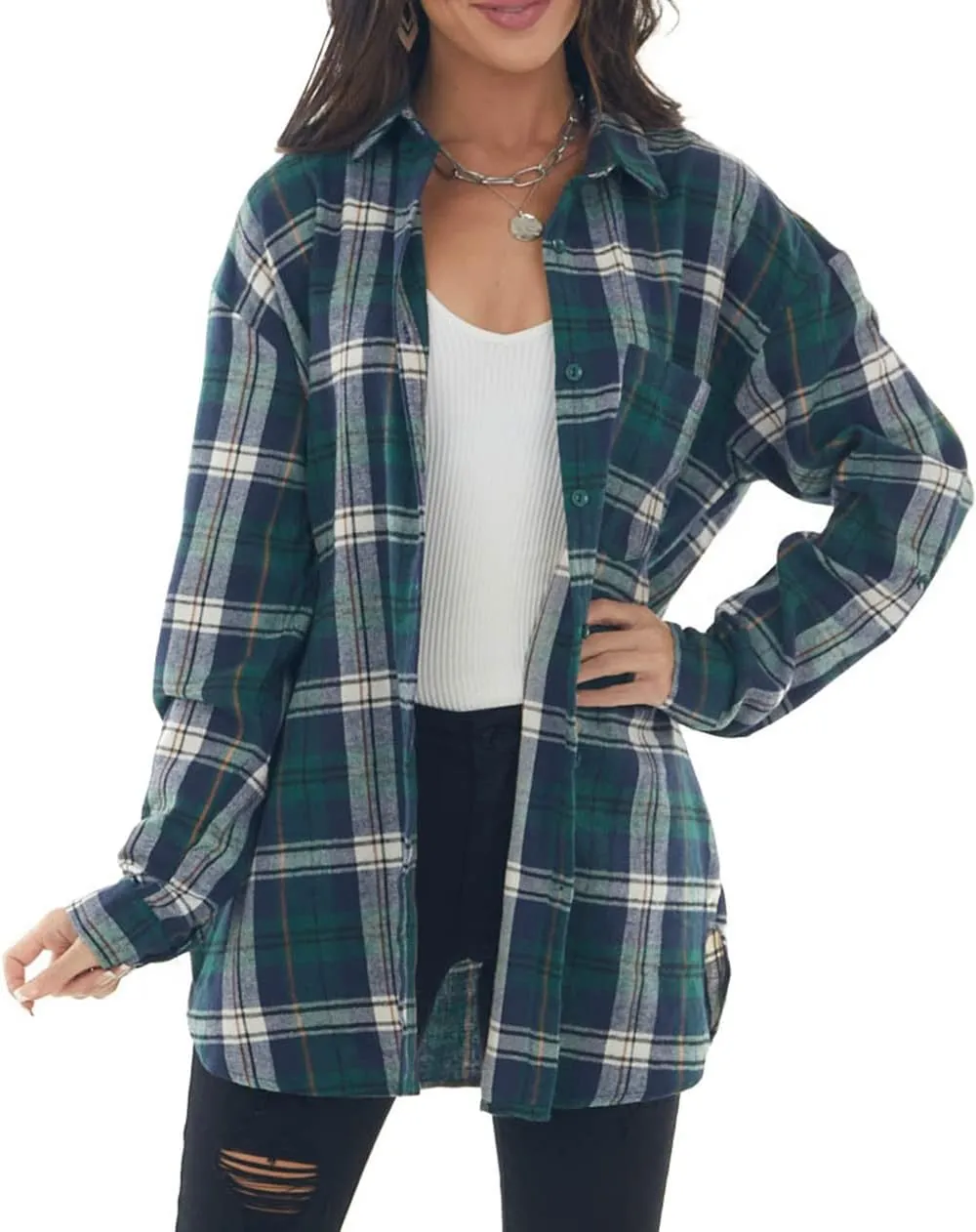NUOREEL Women's Plaid Flannel Long Sleeve Button-Down Shirt