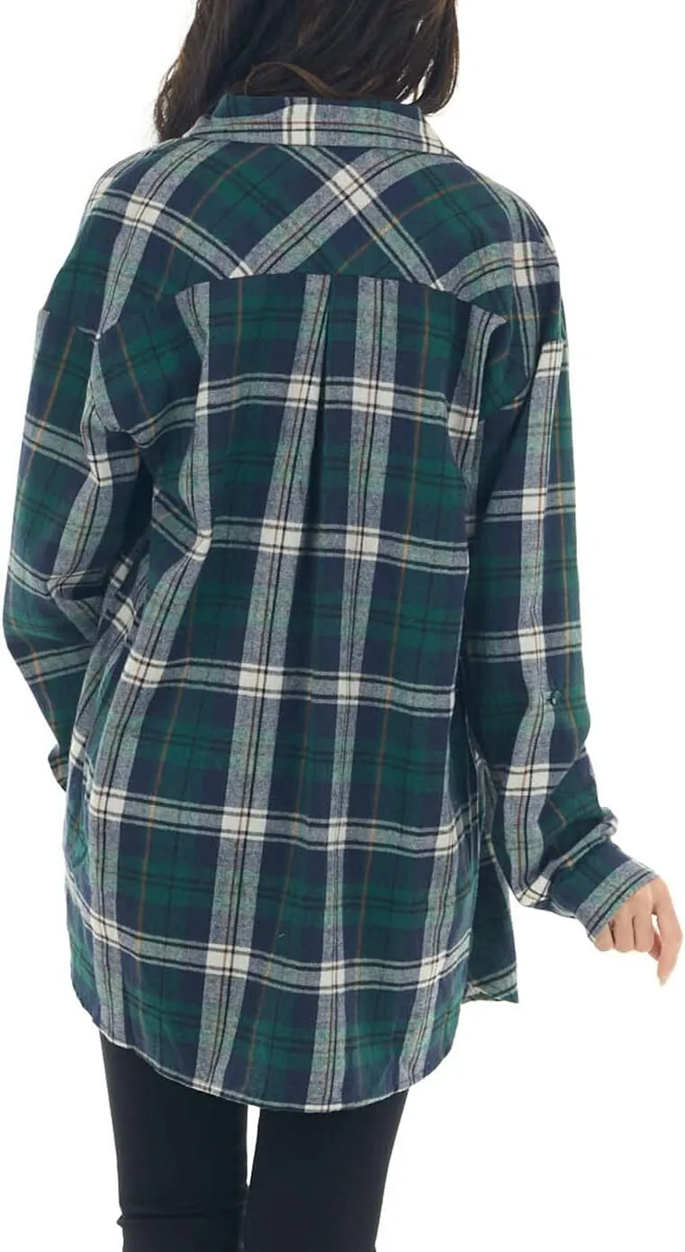 NUOREEL Women's Plaid Flannel Long Sleeve Button-Down Shirt