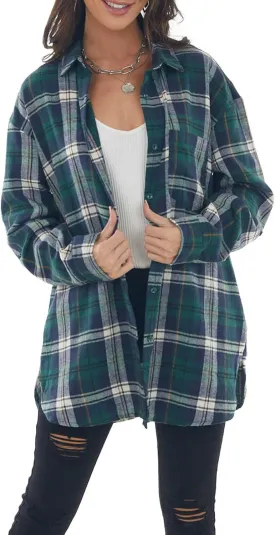 NUOREEL Women's Plaid Flannel Long Sleeve Button-Down Shirt