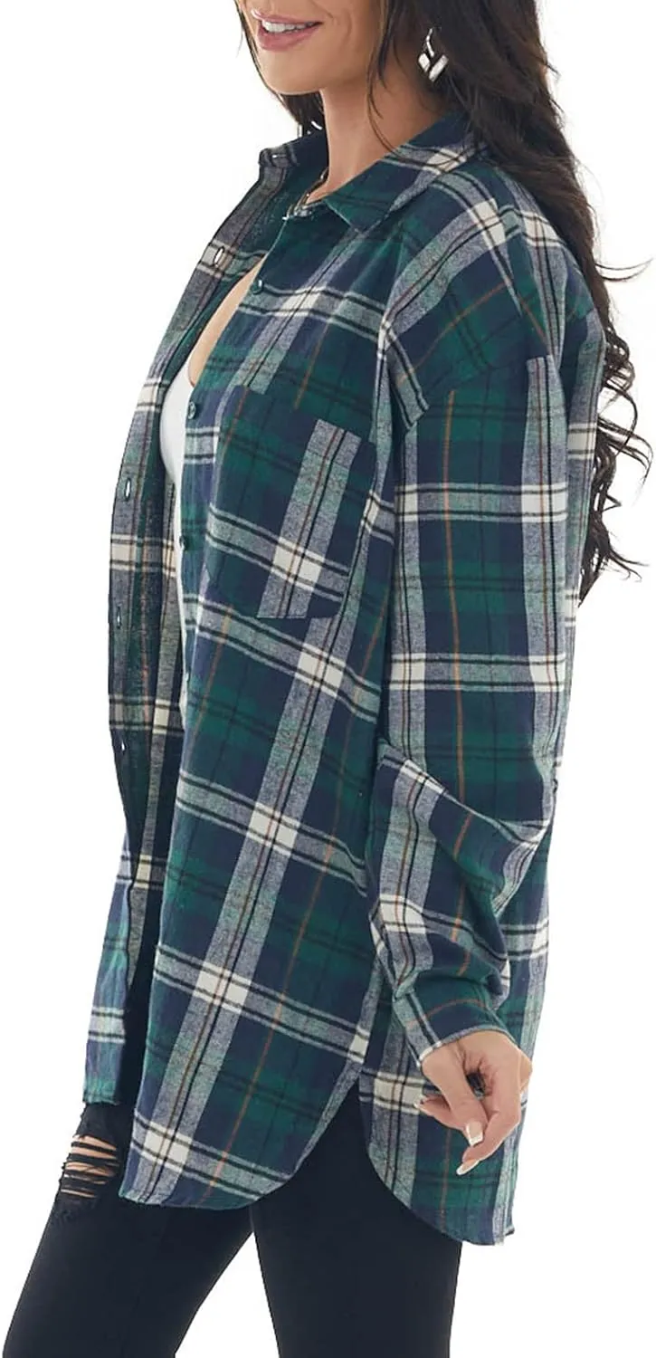 NUOREEL Women's Plaid Flannel Long Sleeve Button-Down Shirt