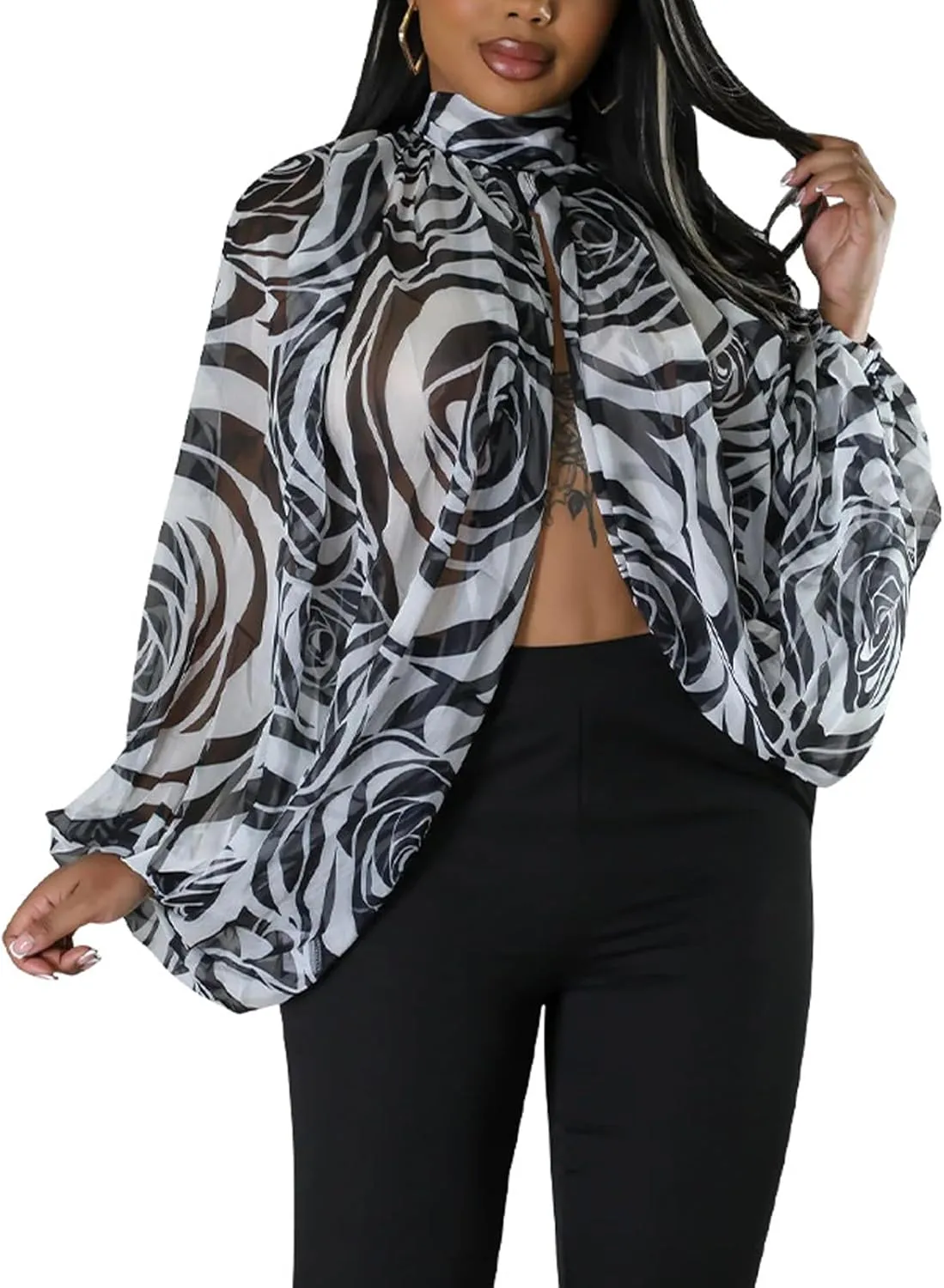Ophestin Womens Print Sexy Open Back Sheer Chiffon Balloon Sleeve Shirt Blouse Tops Coverup