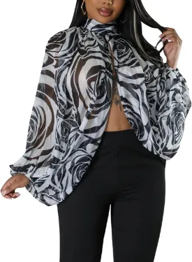 Ophestin Womens Print Sexy Open Back Sheer Chiffon Balloon Sleeve Shirt Blouse Tops Coverup