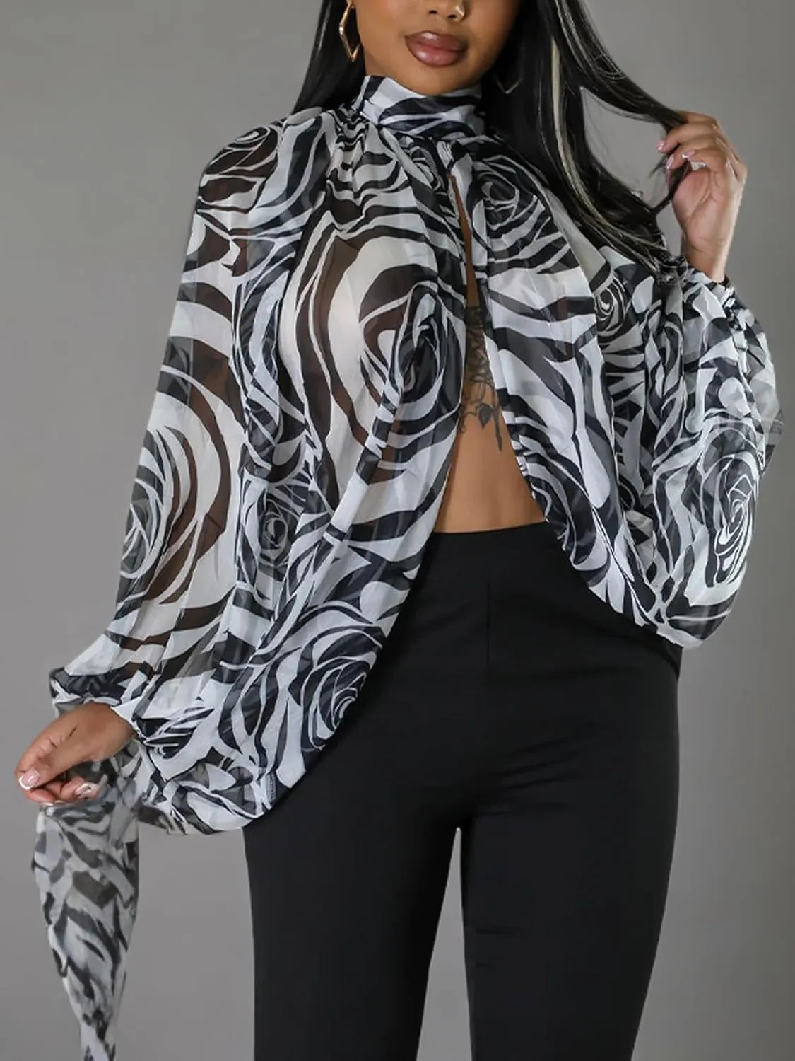 Ophestin Womens Print Sexy Open Back Sheer Chiffon Balloon Sleeve Shirt Blouse Tops Coverup