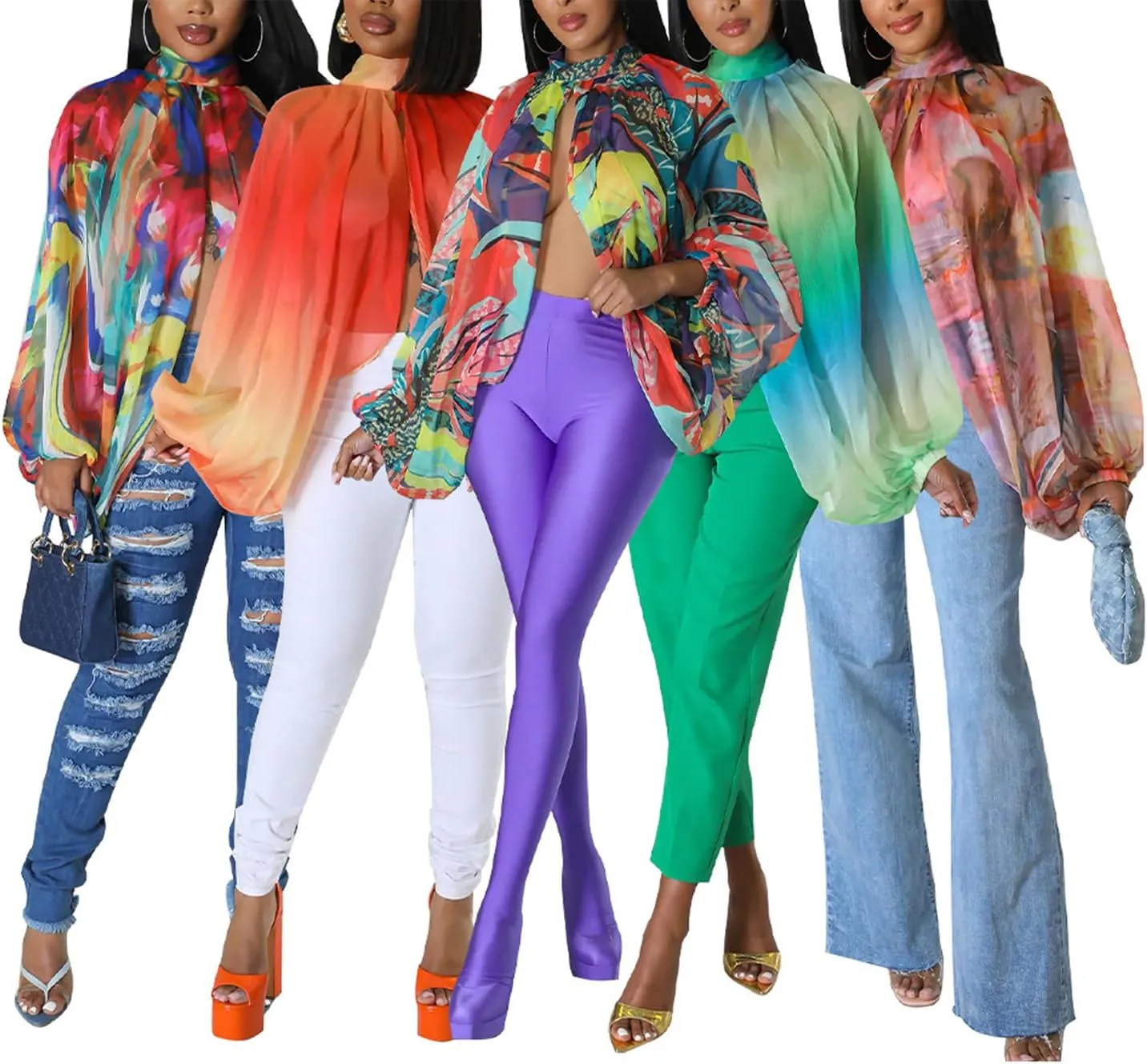 Ophestin Womens Print Sexy Open Back Sheer Chiffon Balloon Sleeve Shirt Blouse Tops Coverup