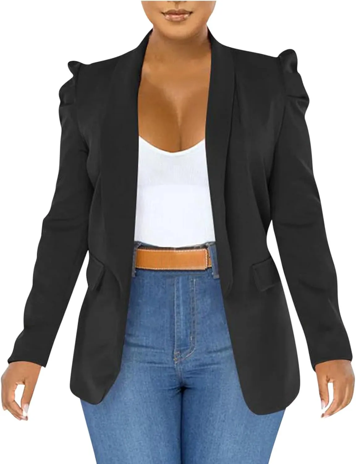 Puff Sleeve Blazers for Women 2023 Pad Shoulder Open Front Work Blazer Suit Business Solid Color Coats Office Jacket