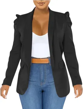 Puff Sleeve Blazers for Women 2023 Pad Shoulder Open Front Work Blazer Suit Business Solid Color Coats Office Jacket