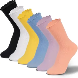 Ruffled Ankle Socks For Women - 6Pairs Frilly Curn-Cuff Lettuce Edge Socks Breathable Casual Cute Crew Socks