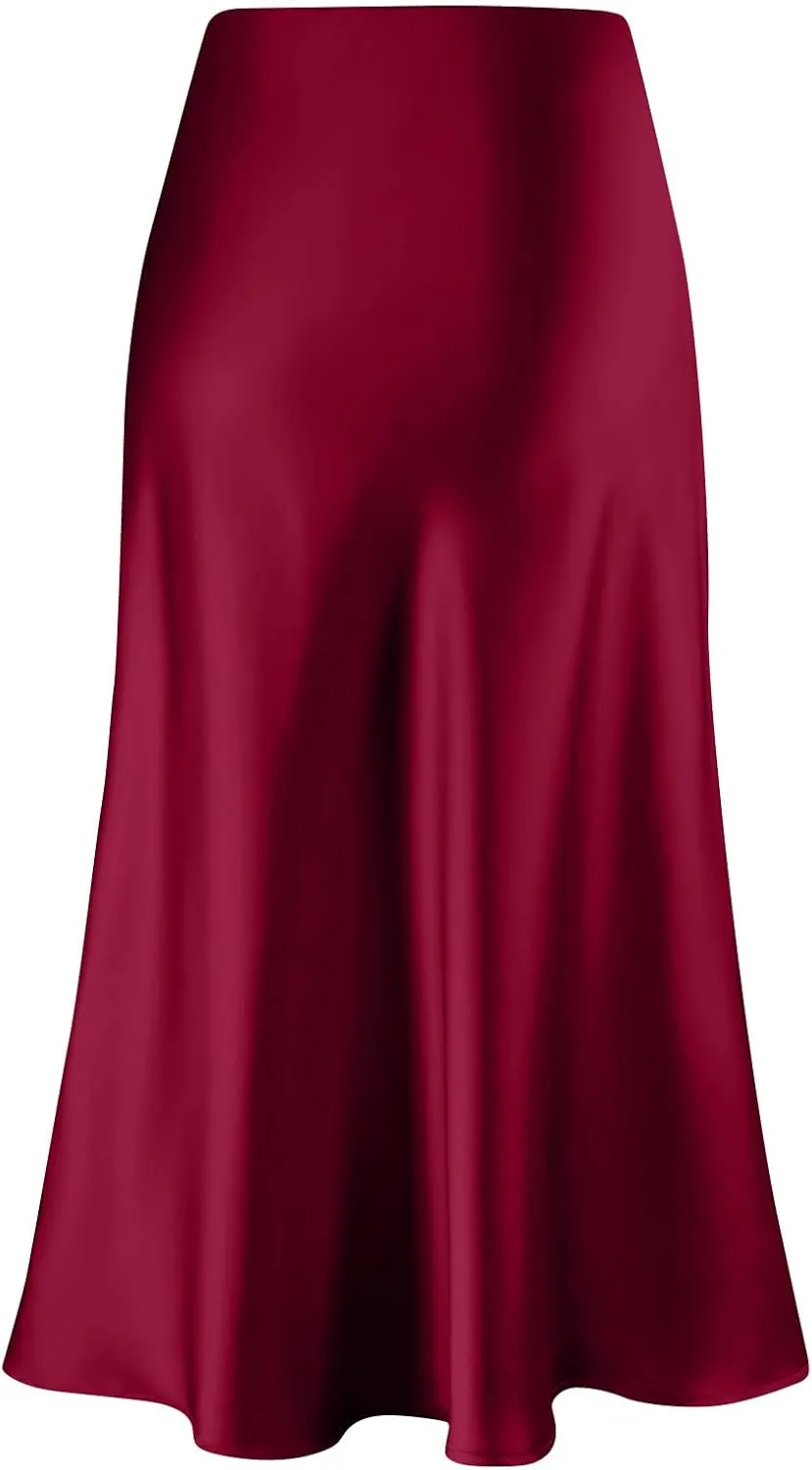 Satin Skirts for Women Summer Casual Flowy Silk High Waisted Modest Flared Ruffle Work Cocktail A Line Midi Skirts