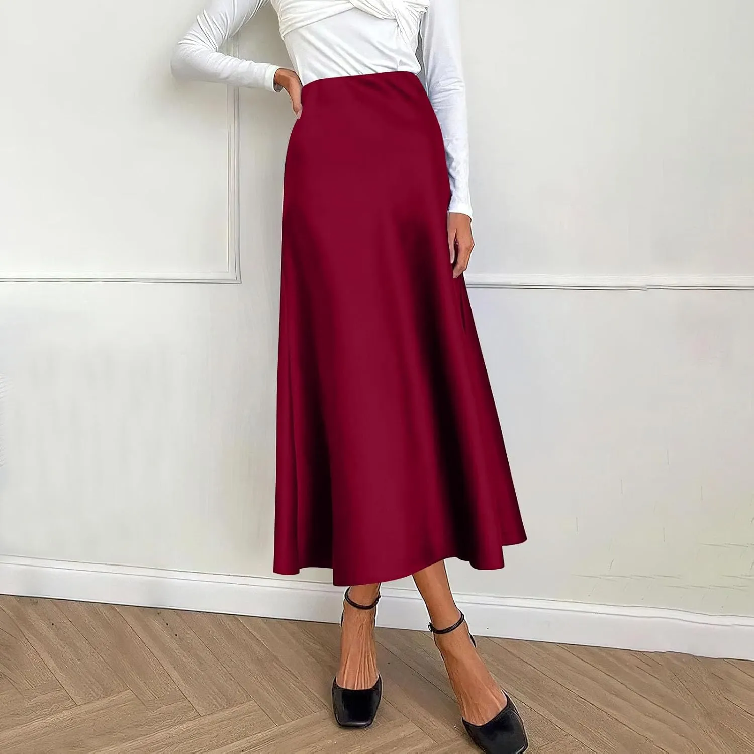 Satin Skirts for Women Summer Casual Flowy Silk High Waisted Modest Flared Ruffle Work Cocktail A Line Midi Skirts