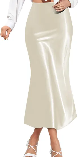 Satin Skirts for Women Trendy, High Waisted Women Silk Skirt Midi Length Elegant