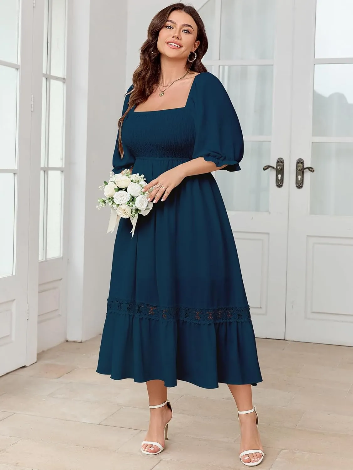 SCOMCHIC Women's Plus Size Maxi Dress Short Sleeve Square Neck Smocked Flowy A-Line Lace Trim Boho Wedding Guest Dresses