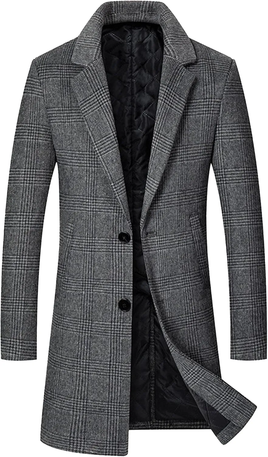 Winter Casual Trench Coat for Men Single Breasted Wool Blend Long Pea Coat Slim Fit Mid Long Business Overcoat