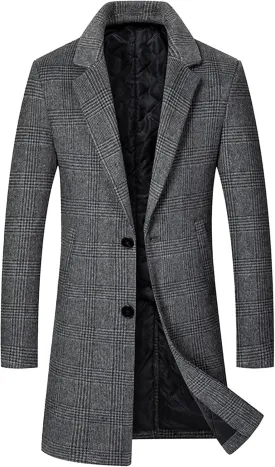 Winter Casual Trench Coat for Men Single Breasted Wool Blend Long Pea Coat Slim Fit Mid Long Business Overcoat