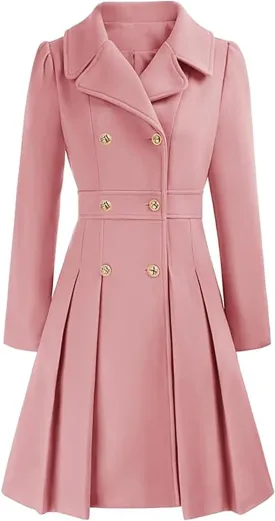 Winter Coats for Women Fleece Pea Coat Notch Lapel Double Breasted Thick A Line Trench Coat Jacket with Pockets