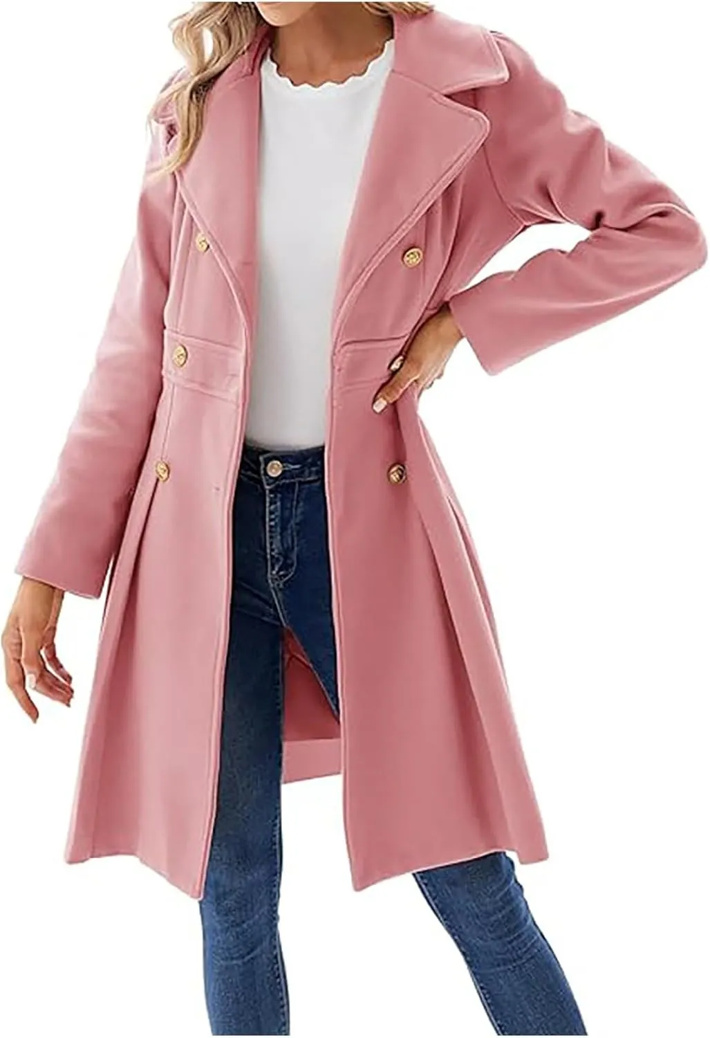 Winter Coats for Women Fleece Pea Coat Notch Lapel Double Breasted Thick A Line Trench Coat Jacket with Pockets