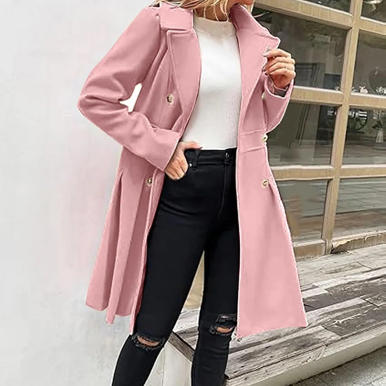 Winter Coats for Women Fleece Pea Coat Notch Lapel Double Breasted Thick A Line Trench Coat Jacket with Pockets
