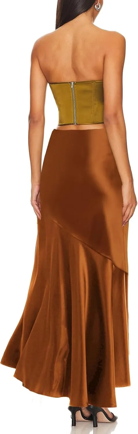 WISFRUIT Women's Satin Midi Skirts Silk A Line Flowy Ruffle Zipper Elegant Flared Cocktail Party Maxi Long Skirt