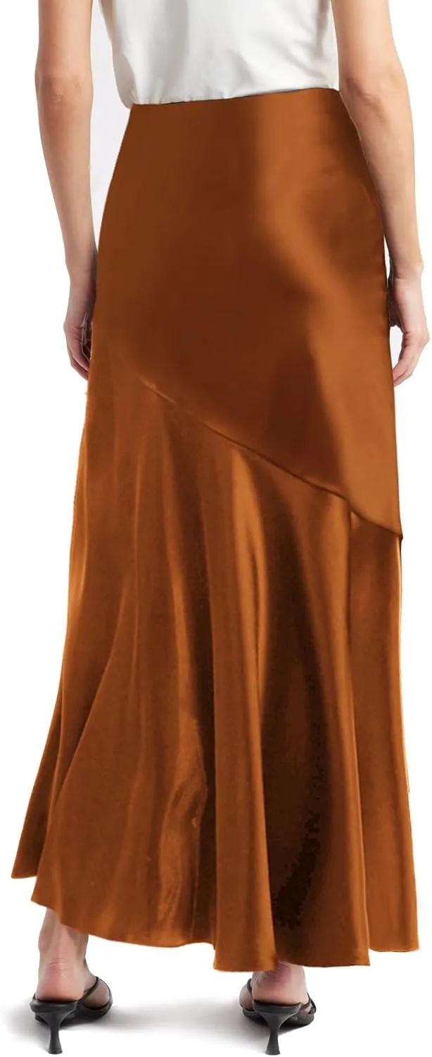 WISFRUIT Women's Satin Midi Skirts Silk A Line Flowy Ruffle Zipper Elegant Flared Cocktail Party Maxi Long Skirt