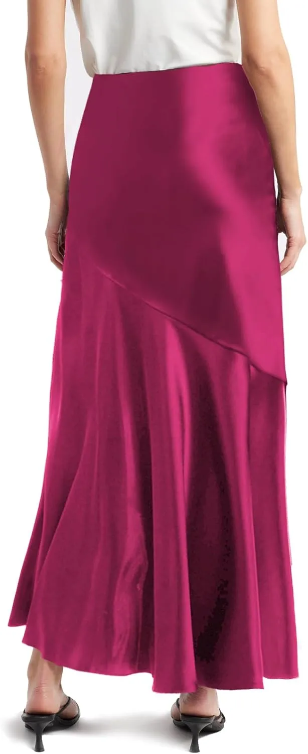 WISFRUIT Women's Satin Midi Skirts Silk A Line Flowy Ruffle Zipper Elegant Flared Cocktail Party Maxi Long Skirt
