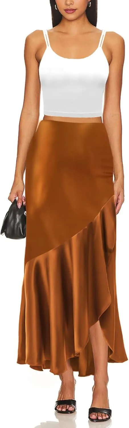 WISFRUIT Women's Satin Midi Skirts Silk A Line Flowy Ruffle Zipper Elegant Flared Cocktail Party Maxi Long Skirt