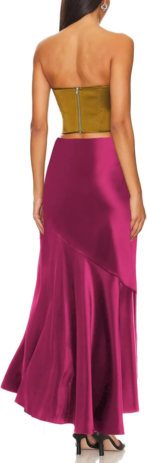 WISFRUIT Women's Satin Midi Skirts Silk A Line Flowy Ruffle Zipper Elegant Flared Cocktail Party Maxi Long Skirt