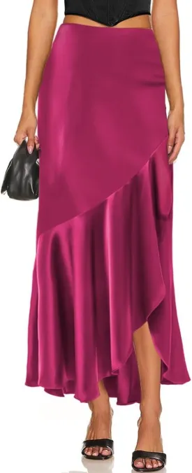 WISFRUIT Women's Satin Midi Skirts Silk A Line Flowy Ruffle Zipper Elegant Flared Cocktail Party Maxi Long Skirt