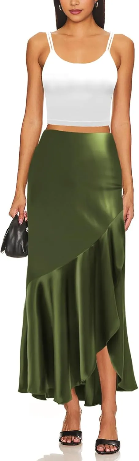 WISFRUIT Women's Satin Midi Skirts Silk A Line Flowy Ruffle Zipper Elegant Flared Cocktail Party Maxi Long Skirt