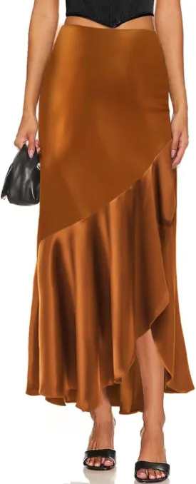 WISFRUIT Women's Satin Midi Skirts Silk A Line Flowy Ruffle Zipper Elegant Flared Cocktail Party Maxi Long Skirt