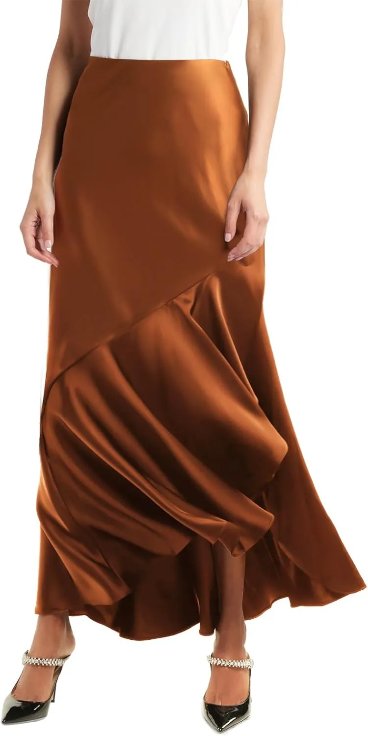 WISFRUIT Women's Satin Midi Skirts Silk A Line Flowy Ruffle Zipper Elegant Flared Cocktail Party Maxi Long Skirt