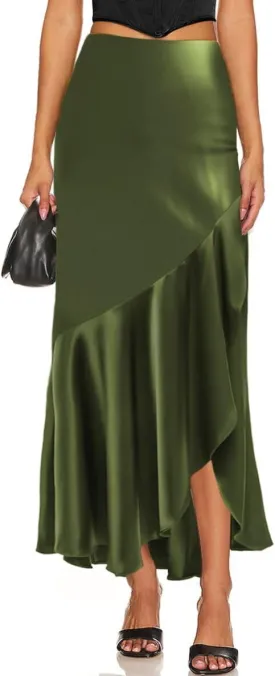 WISFRUIT Women's Satin Midi Skirts Silk A Line Flowy Ruffle Zipper Elegant Flared Cocktail Party Maxi Long Skirt