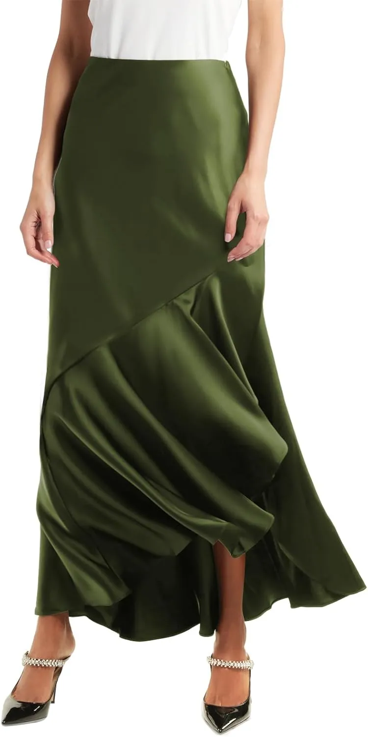 WISFRUIT Women's Satin Midi Skirts Silk A Line Flowy Ruffle Zipper Elegant Flared Cocktail Party Maxi Long Skirt