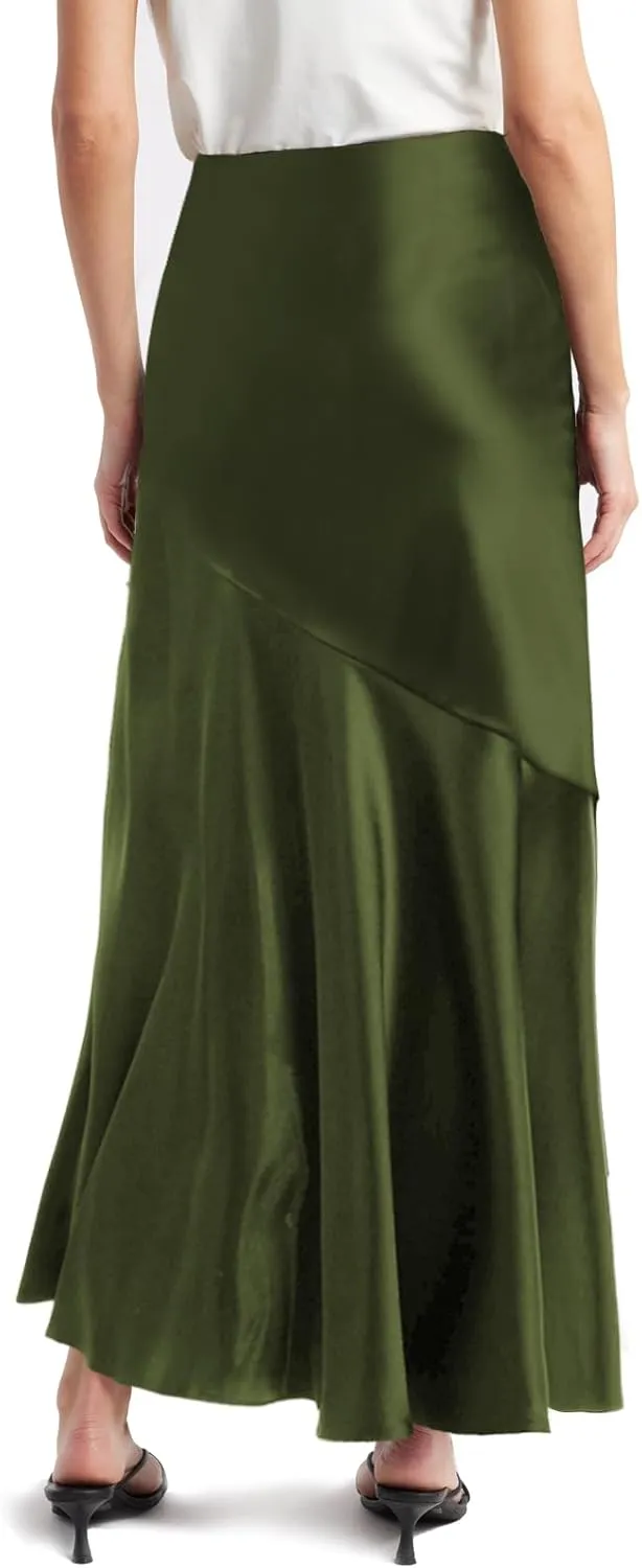 WISFRUIT Women's Satin Midi Skirts Silk A Line Flowy Ruffle Zipper Elegant Flared Cocktail Party Maxi Long Skirt