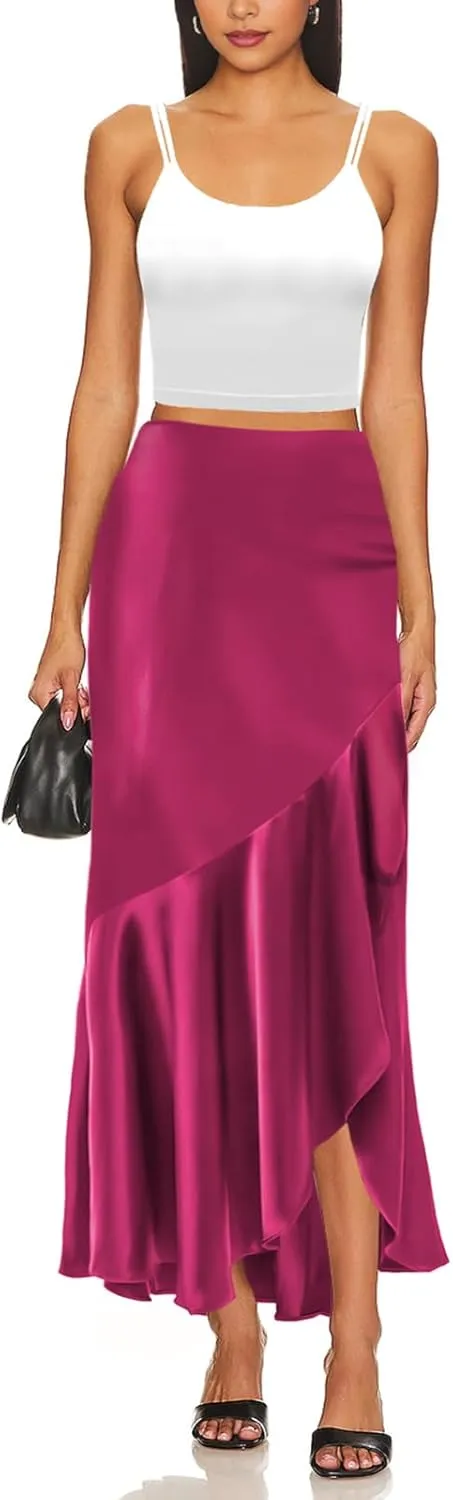 WISFRUIT Women's Satin Midi Skirts Silk A Line Flowy Ruffle Zipper Elegant Flared Cocktail Party Maxi Long Skirt