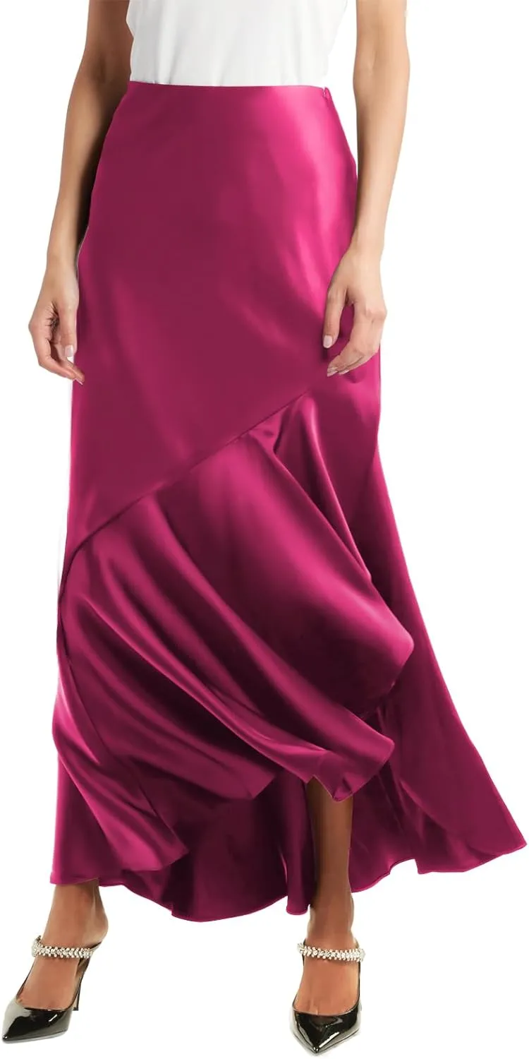 WISFRUIT Women's Satin Midi Skirts Silk A Line Flowy Ruffle Zipper Elegant Flared Cocktail Party Maxi Long Skirt