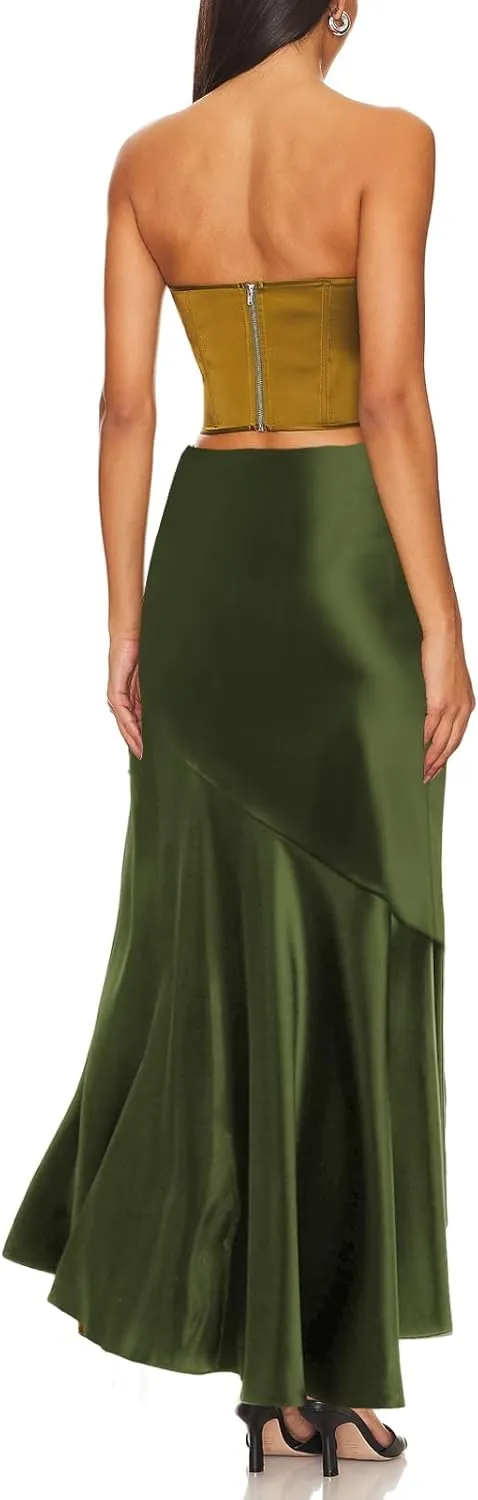 WISFRUIT Women's Satin Midi Skirts Silk A Line Flowy Ruffle Zipper Elegant Flared Cocktail Party Maxi Long Skirt