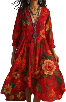 Women's Boho Floral Midi Dresses 3/4 Long Sleeve Flowy Swing Hem Casual Summer A Line Dress