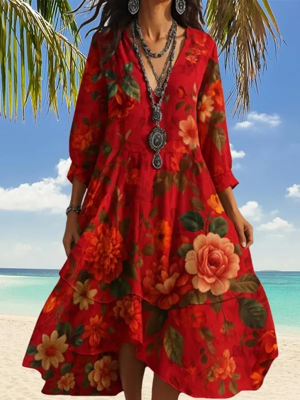 Women's Boho Floral Midi Dresses 3/4 Long Sleeve Flowy Swing Hem Casual Summer A Line Dress